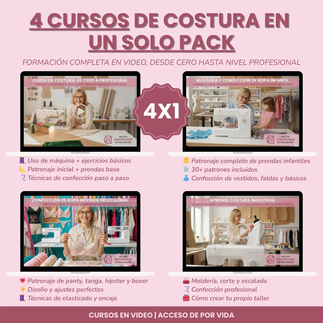 PACK COMPLETO DE COSTURA: APRENDÉ A COSER CON 4 CURSOS + 1000 MOLDES DE REGALO