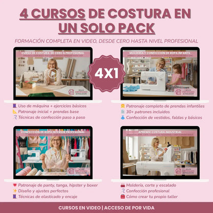 PACK COMPLETO DE COSTURA: APRENDÉ A COSER CON 4 CURSOS + 1000 MOLDES DE REGALO
