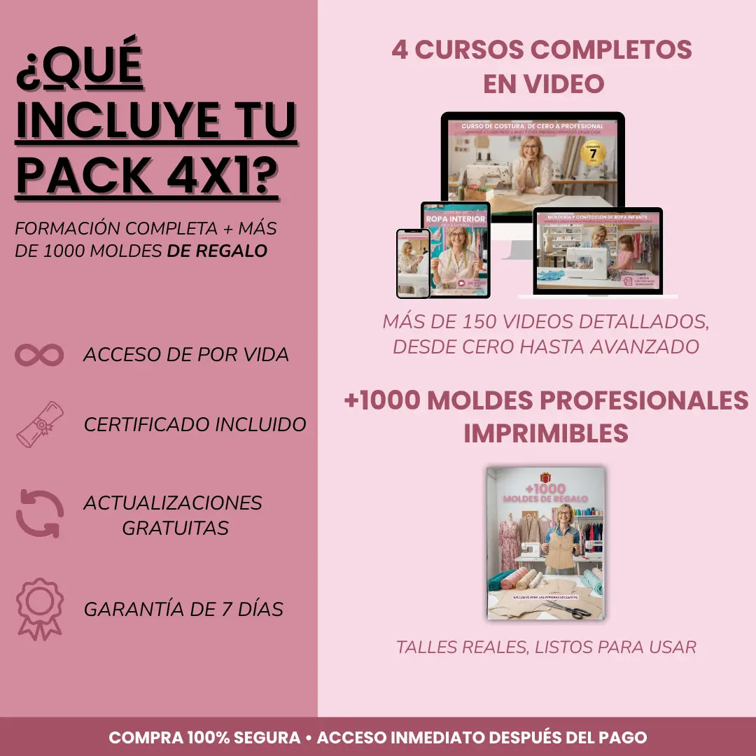 PACK COMPLETO DE COSTURA: APRENDÉ A COSER CON 4 CURSOS + 1000 MOLDES DE REGALO
