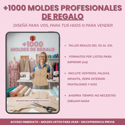 PACK COMPLETO DE COSTURA: APRENDÉ A COSER CON 4 CURSOS + 1000 MOLDES DE REGALO
